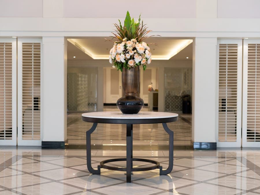 A hotel lobby with warm lighting