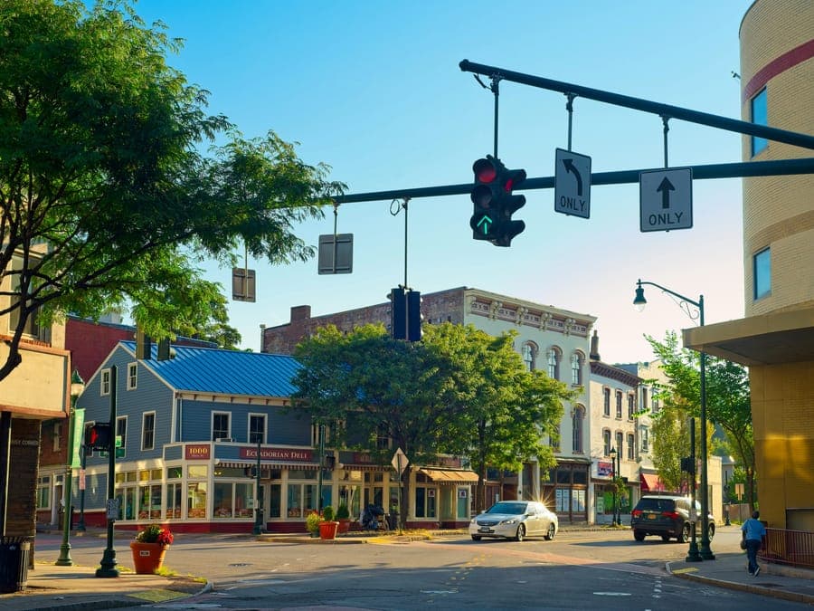 A small town main street with shopfronts